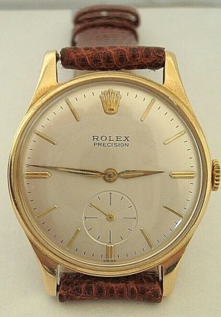 Vintage Good 1960 Gents 9 Ct Gold Rolex Precision Dress Strap Watch