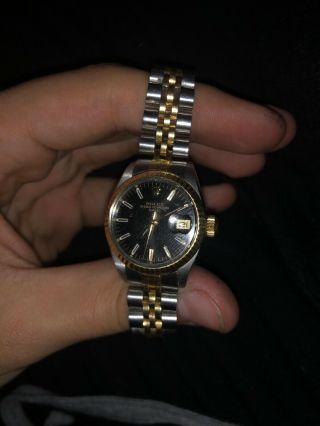 Vintage Rolex Date Ladies Two Tone Stainless Steel & 18k Gold Watch Black Dial