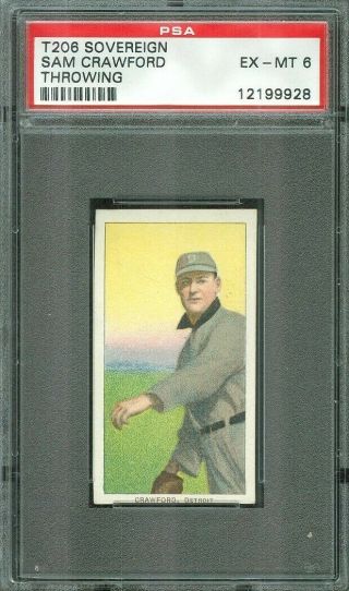 1909 - 11 T206 Sam Crawford Throwing - Tigers - Sovereign Bak - Psa 6 Ex/mt - Rare