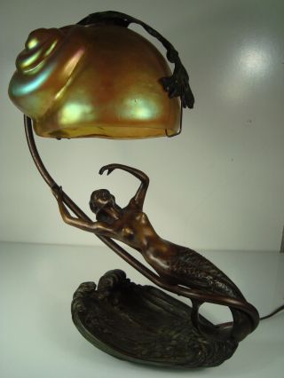 Vintage Attributed To Gustav Gurschner Bronze Mermaid Lamp W/iridescent Glass