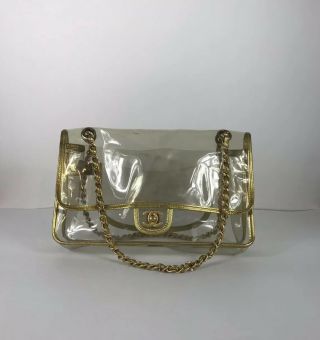 Rare Vtg Chanel Clear Gold Trim Pvc Turn Lock Flap Bag