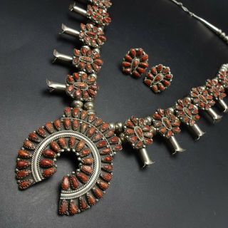 Vintage Navajo Sterling Silver Coral Petit Point Cluster Squash Blossom Necklace