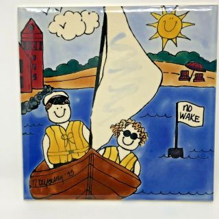 H & R Johnson Ceramic 6 Inch Summer Tile Boating Signed Nancy Deyoung 1993