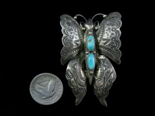 Antique Navajo Butterfly Manta Pin - Large - Silver And Turquoise
