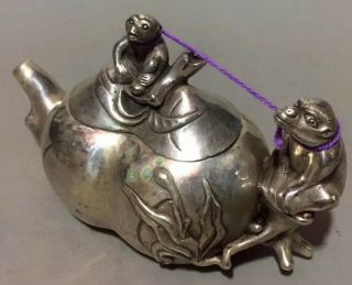 Collectable Souvenir Miao Silver Carve Exorcism Two Monkey Hug Fruit Old Teapot