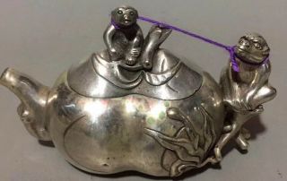 Collectable Souvenir Miao Silver Carve Exorcism Two Monkey Hug Fruit Old Teapot 2