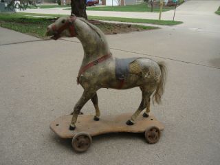 Vintage Wooden Rocking Horse Pull Toy Carousel On Wheels