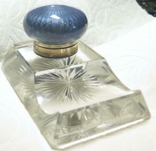 Antique Sterling Silver Enamel Guilloche Cut Glass Inkwell Pen Holdr Paperweight