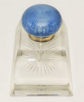 Antique Sterling Silver Enamel Guilloche Cut Glass Inkwell Pen Holdr Paperweight 6