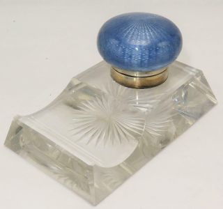 Antique Sterling Silver Enamel Guilloche Cut Glass Inkwell Pen Holdr Paperweight 7
