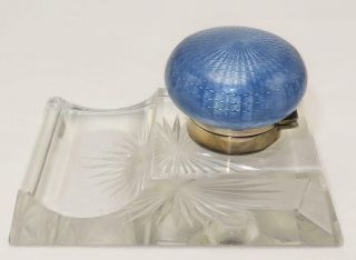 Antique Sterling Silver Enamel Guilloche Cut Glass Inkwell Pen Holdr Paperweight 8
