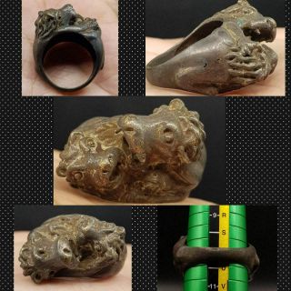 Medieval Rare 2 Wild Lion Heads Bronze Ring 5