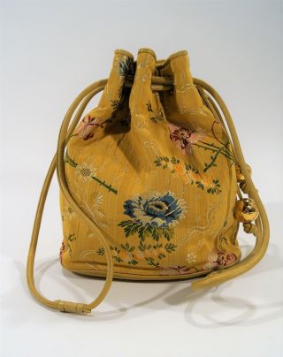 Rare Authentic Vintage Chanel Yellow Silk Brocade Lambskin Floral Bucket Bag