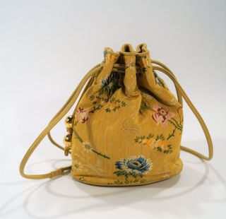 RARE Authentic Vintage CHANEL Yellow Silk Brocade Lambskin Floral Bucket Bag 3