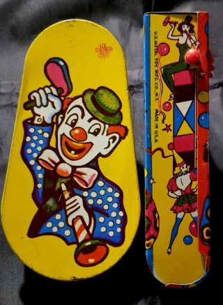 Vintage Tin Litho Party Noisemakers Us Metal Toy Company 2 Circus Clown Ny Eve