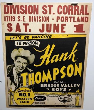 Hank Thompson Concert Poster 1950’s Portland Oregon Rare