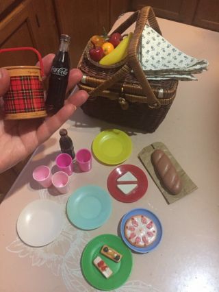 18 " Doll Toy Picnic Basket Vintage Play Food Mini Cokes Fruit Dishes Sweet
