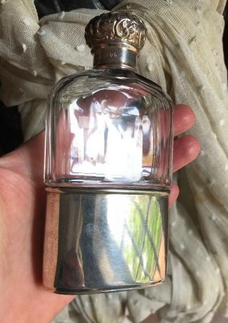 Antique Nouveau English Sterling Silver Glass Liquor Whiskey Hip Flask