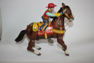 Vintage Japan Haji Tin Litho Wind - Up Western Hero Horse & Cowboy
