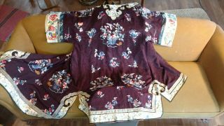 Vintage Japanese Chinese Silk Embroidered Kimono Robe Black Bright Colors Floral