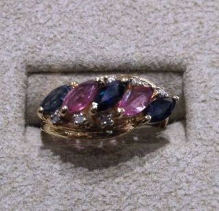 Vintage 14k Yellow Gold Marquise Cut Pink & Blue Sapphires W/diamonds Ring