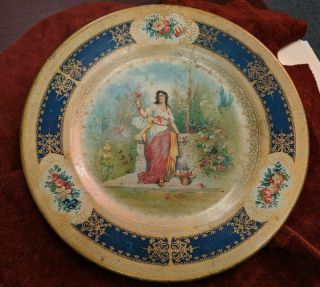 Antique Lithograph Tray Vienna Art Plate Victorian Scene Iiia Blue Border