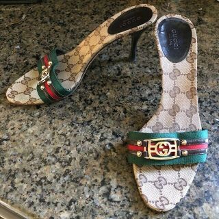 Authentic Vintage Gucci Gg Supreme Green Red Web Sandals Heels Mules 7.  5