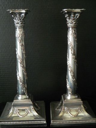 2 English Sheffield Silver On Copper Corinthian Column Candle Stick Holders