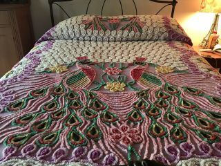 Double Peacock - Heart Vintage Chenille Bedspread - Purple 100x87