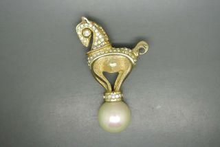 Vintage Christian Dior Gold - Plated Horse On Pearl Ball Brooch