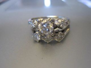 Vintage 14k White Gold Wedding,  Engagement Ring Set Over 1 Tcw Diamond Size 7