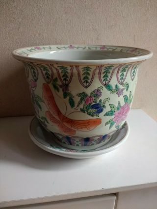 Antique/vintage Chinese Famille Rose Pot And Stand Marked On Bottom.  Rare