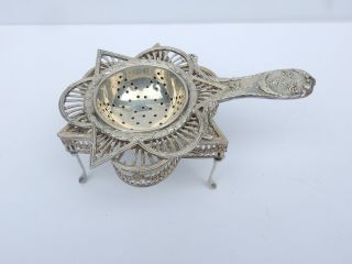 Antique Sterling Silver Tea Strainer & Stand Repousse Flower 247grams