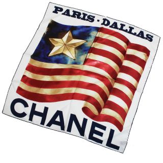 Chanel Paris Dallas Logos American Flag Design Scarf Silk Vintage Auth Z240 M