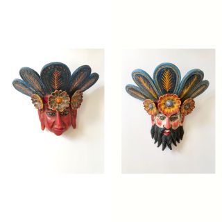 Vintage Mexican Dance Mask Set - Conquistador,  Aztec Folk Art Sculpture Mexico