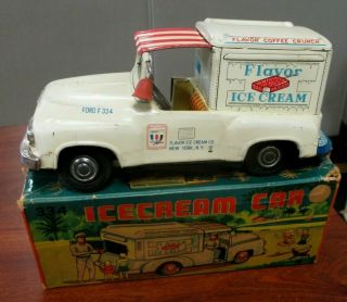Vintage Tin Litho Ford F334 Flavor Ice Cream Car Truck Friction W/orig Box