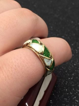 Vintage C1950s Martine 14k Yellow Gold Green White Enamel Band Ring