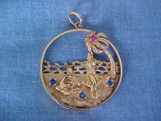 Vintage A.  C.  American Charm 14k Gold,  Ruby & Sapphires Charm Or Pendant Hawaii