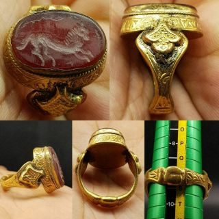Gold Gilding Old Agate Lion Intaglio Stone Ring 4