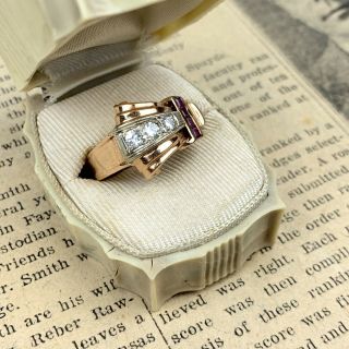 Vintage 1940s Retro Modern Ring 14k Gold Diamond Ruby Size 5.  5 2