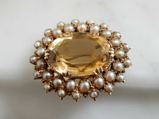 A Antique Gold Oval15.  00 Carat Citrine And Pearl Brooch