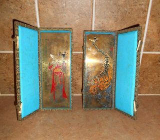 Vintage Asian Etched And Painted Brass Plaques Paperweights