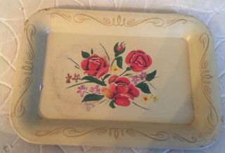 Vintage Tan Floral Tole Ware Mini Or Toy Tin Tray 6 5/8” X 4 5/8” Mcm