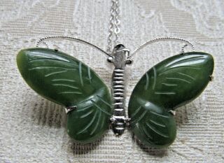 Vintage Sterling Silver Chinese Carved Green Jade Butterfly Necklace