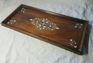 Vintage Indian Rectangular Tray With Floral And Foliate Bone Inlay 18 " X 8 "