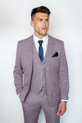 Mens Cavani Lilac Vintage Linen Blend Tailored Fit Wedding Party 3 Piece Suit