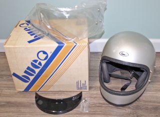 Rare Vintage Buco Motorcycle Helmet 70s Full Face W/ Shield Visor Silver Nib Xl