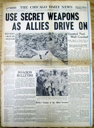 1944 Ww Ii Newspaper W Headline Map & Photo D - Day Invasion At Normandy France