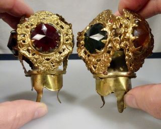 Vintage Antique Jeweled Brass Candlestick Flame Lamp Shades - 56902
