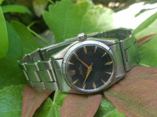 K2 Rare 58 Vintage Rolex Ss Black Dial Engine Turned Oyster Perpetual Mens Watch